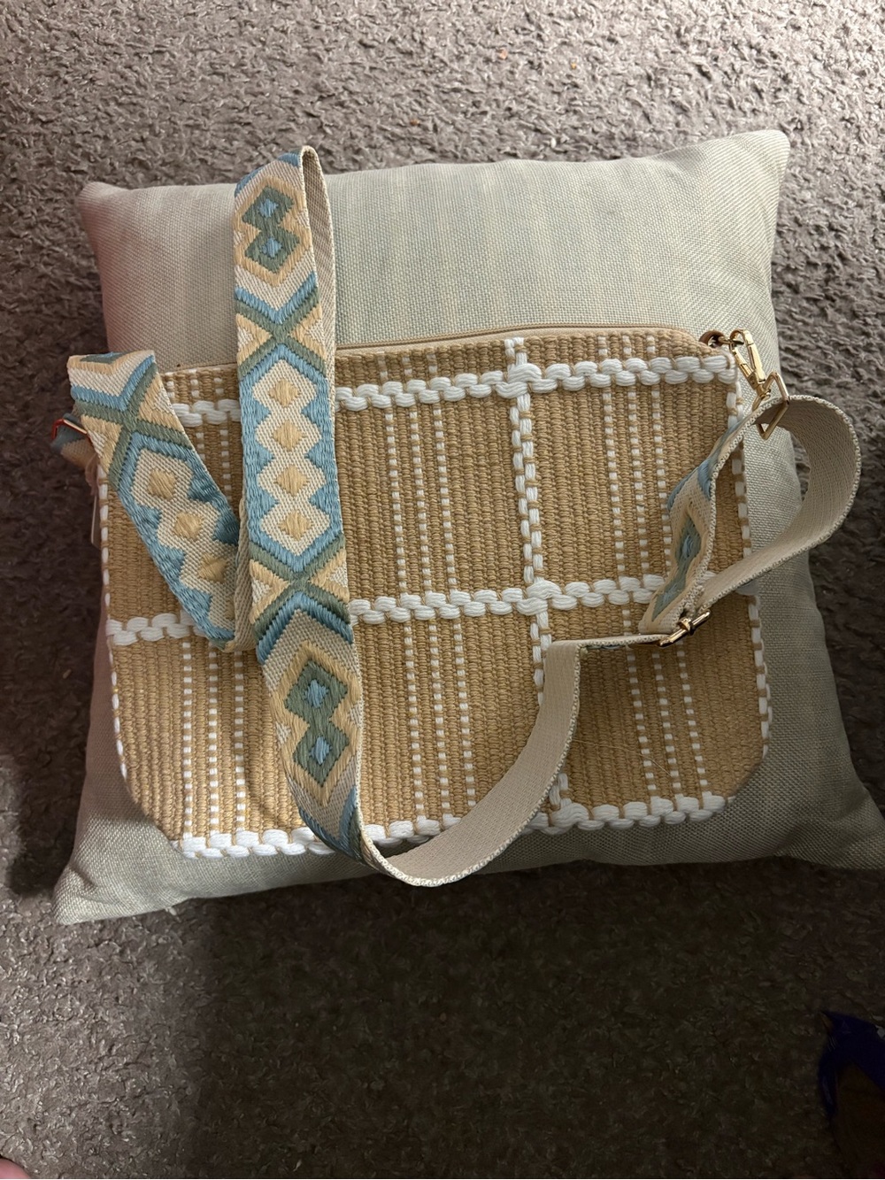 Woven Beige & White Crossbody with Patterned Strap